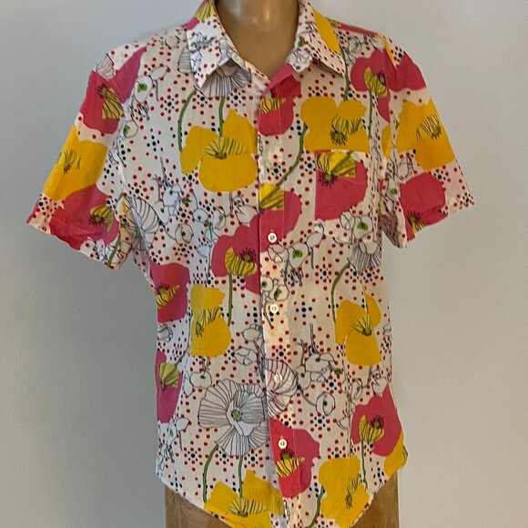 Mr. Turk Short Sleeve Blouse in Pink Yellow, Red and White Size Medium - Picture 8 of 12